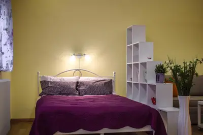 a bedroom with a bed with a purple blanket at Lana's home in the best part of the city in Vračar (historical)