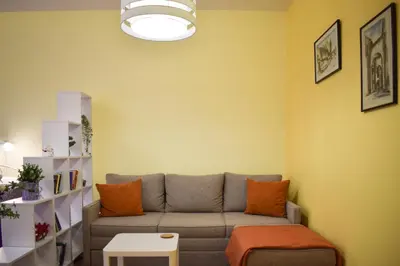 a living room with a gray couch and orange pillows at Lana's home in the best part of the city in Vračar (historical)
