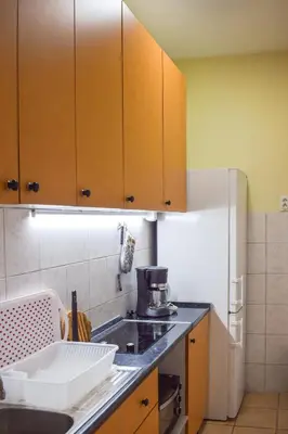 a kitchen with brown cabinets and a white refrigerator at Lana's home in the best part of the city in Vračar (historical)