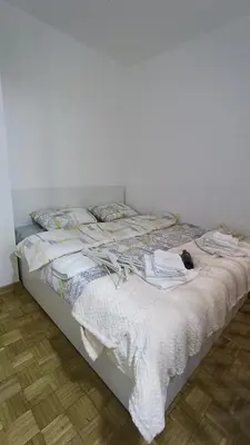 a bed with a cat laying on top of it at Trgovacka Zarkovo - Apartman in Žarkovo
