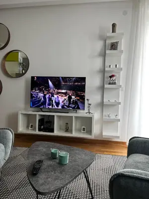 a living room with a tv and a coffee table at Real Apartment Banovci in Novi Banovci