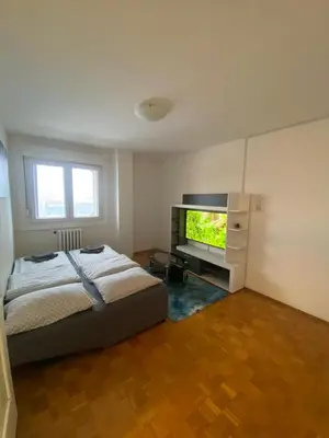 a bedroom with a bed and a flat screen tv at 3-rooms Arena apartment in Belgrade