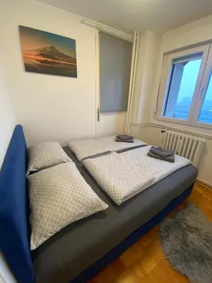 two twin beds in a room with a window at 3-rooms Arena apartment in Belgrade