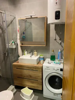 a bathroom with a washing machine and a sink at Kućica u šumici in Stojnik