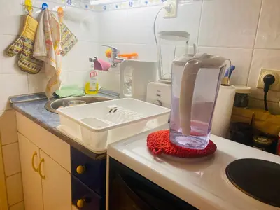 a kitchen with a sink and a blender on a counter at Funkcionalna garsonjera u Zemunu in Zemun
