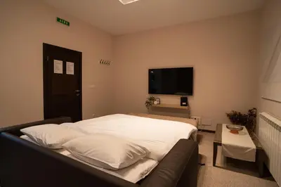 a bedroom with a bed and a flat screen tv at Family & Friends Apt, Skadarlija in Belgrade