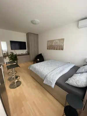 a bedroom with a bed and a flat screen tv at Vist 1 apartment in Tošin Bunar