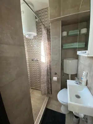 a bathroom with a toilet and a sink and a shower at Vist 1 apartment in Tošin Bunar