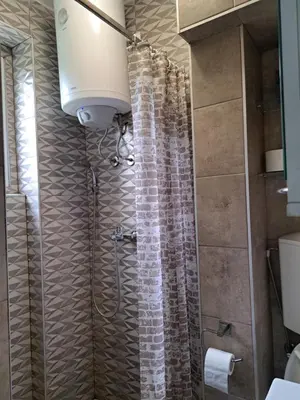 a shower with a shower curtain in a bathroom at Vist 1 apartment in Tošin Bunar