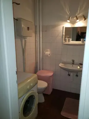 a bathroom with a toilet and a sink and a washing machine at Idealna lokacija. in Sajmište