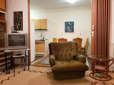 a living room with a chair and a television at Idealna lokacija. in Sajmište