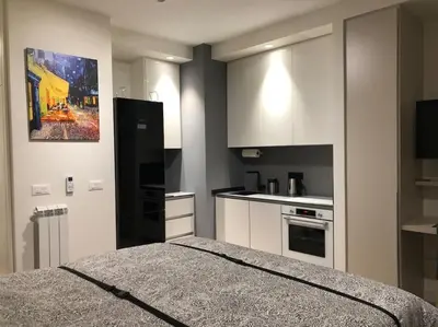 a small kitchen with a bed in a room at Lovely BW Metropolitan studio in Belgrade