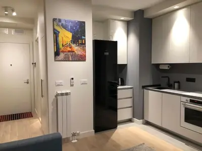 a kitchen with white cabinets and a painting on the wall at Lovely BW Metropolitan studio in Belgrade
