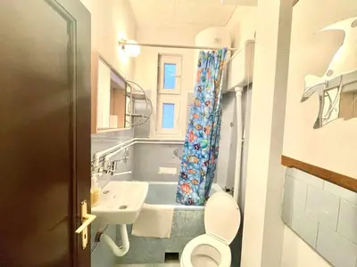 a bathroom with a sink and a toilet with a shower curtain at Despot in Belgrade