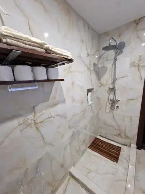 a bathroom with a shower with white marble walls at Vila Odiseas in Belgrade