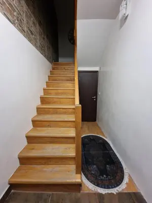 a wooden staircase with a rug next to a door at Vila Odiseas in Belgrade