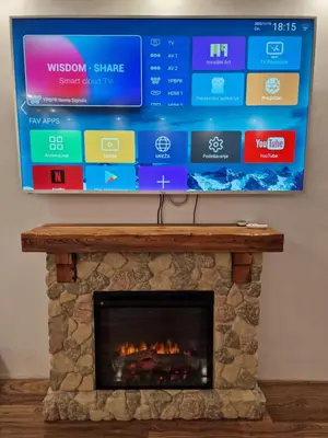 a fireplace with a flat screen tv above it at Vila Odiseas in Belgrade