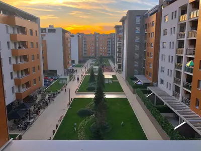 a view of a street in a city with buildings at Apartment Maximus II lux in Novi Beograd
