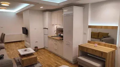 a room with a kitchen and a living room at TiD Apartman LUX in Arandjelovac