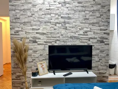 a flat screen tv on a stone wall at Apartman Espo in Vračar (historical)