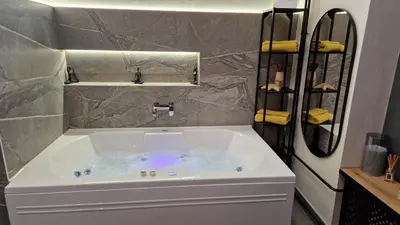 a bathroom with a bath tub with a sink at Biblioteka Spa Suite in Novi Beograd