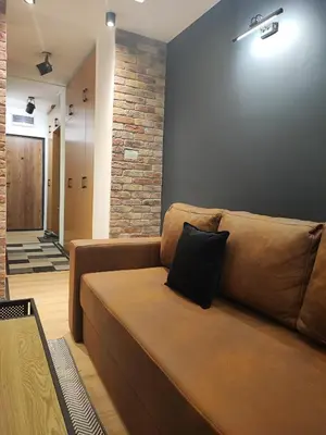 a brown couch in a room with a brick wall at Blackwood Hill in Belgrade