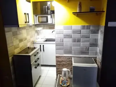 a small kitchen with a sink and a stove at Spa Apartment in Belgrade