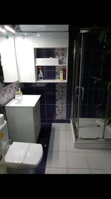 a bathroom with a white toilet and a shower at Spa Apartment in Belgrade