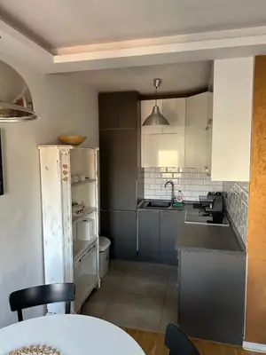 a kitchen with a refrigerator and a table in it at Apartman DM in Zvezdara