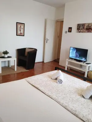 a bedroom with a bed and a chair and a television at Apartman Centar in Belgrade