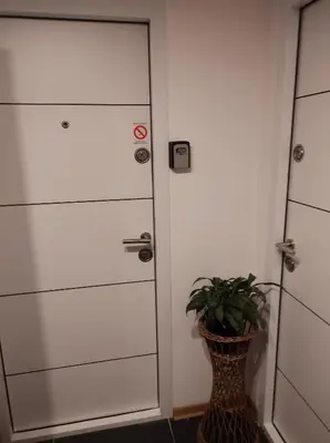 a hallway with two white doors and a potted plant at Studio Sunset in Voždovac