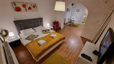 a bedroom with a large bed and a television at Apartments near Belgrade Waterfront in Belgrade