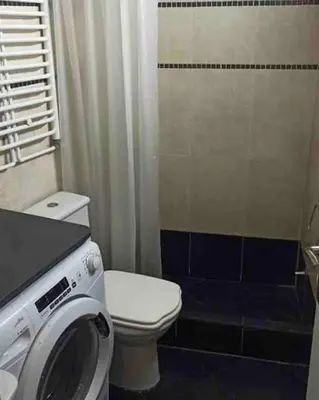 a bathroom with a toilet and a washing machine at Globetrotter's City Center Modern ᯤ in Belgrade