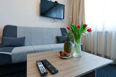 a living room with a table with two remote controls at Smeštaj Tank, Pančevo in Salaši