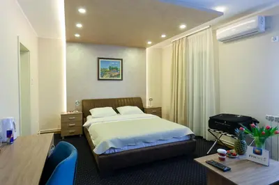 a hotel room with a bed and a desk at Smeštaj Tank, Pančevo in Salaši