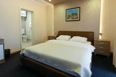 a bedroom with a large bed and a bathroom at Smeštaj Tank, Pančevo in Salaši