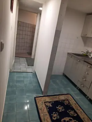 a small bathroom with a tiled floor and a rug at Apartment Sofija Vracar in Belgrade
