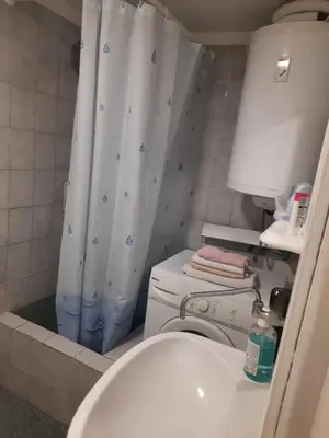 a bathroom with a toilet and a shower curtain at Apartment Sofija Vracar in Belgrade
