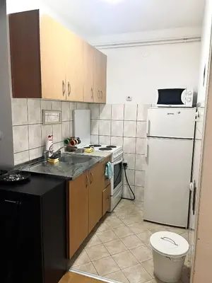 a kitchen with a white refrigerator and a sink at Apartman Bloom in Novi Grad