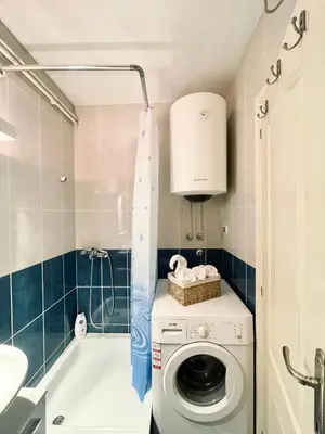 a small bathroom with a washing machine and a bath tub at Apartman Bloom in Novi Grad