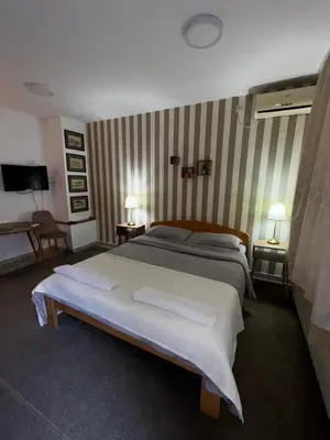 a bedroom with a large bed and two lamps at Holiday in Belgrade