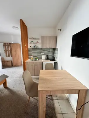 a kitchen with a table and chairs and a kitchen with a kitchen at Holiday in Belgrade