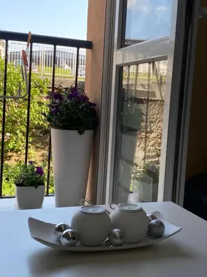 a tea set on a plate on a table next to a window at Apartman Marina Aranđelovac in Arandjelovac
