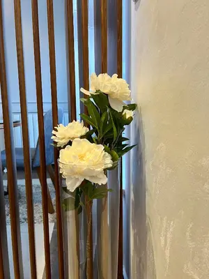 a vase filled with white flowers sitting next to a railing at Stepa in Belgrade