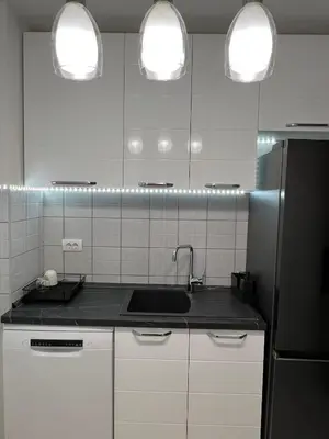 a kitchen with a sink and a black refrigerator at Stepa in Belgrade