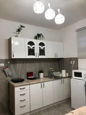 a kitchen with white cabinets and white appliances at Studio Lotos in Belgrade