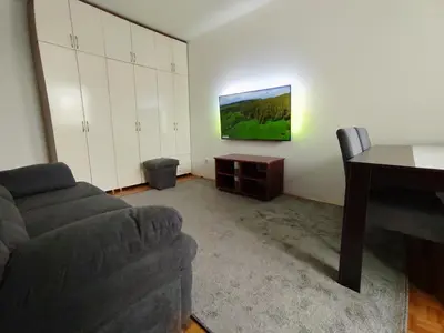 a living room with a couch and a tv on the wall at Lira Beo in Vračar (historical)