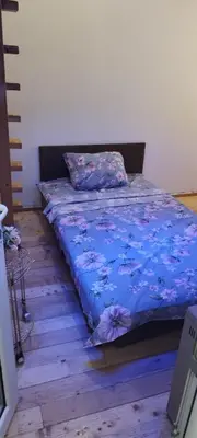 a bed with a blue comforter with flowers on it at Small Apartment FREE TRANSPORTATION FROM THE AIRPORT TO THE APARTMENT in Belgrade