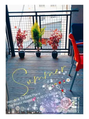 a welcome sign on a deck with plants and flowers at STUDIO Eva in Sajmište