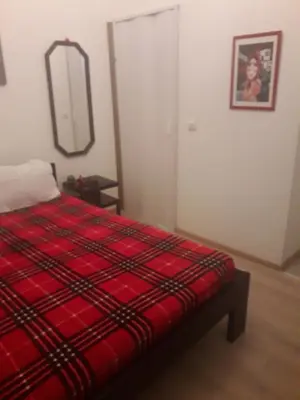 a bedroom with a red bed with a mirror on the wall at STUDIO Eva in Sajmište